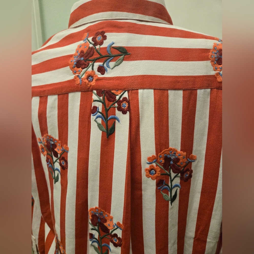 Sezane MAXY ROSE ๐น Embroidered Flowers on Red And White Stripes Size 34 - Picture 10 of 11